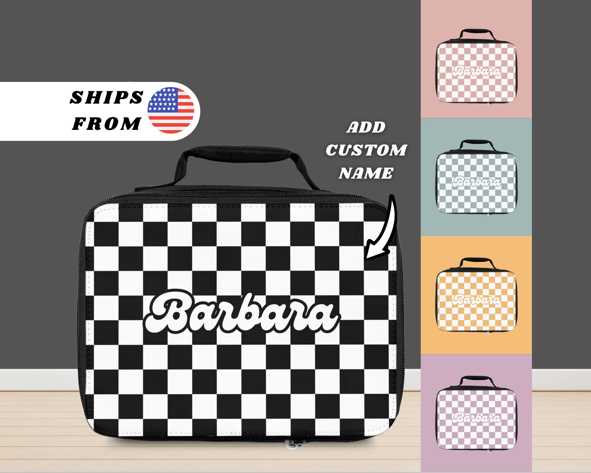 Retro Black & White Checkered Lunch Bag Insulated Men Meal 