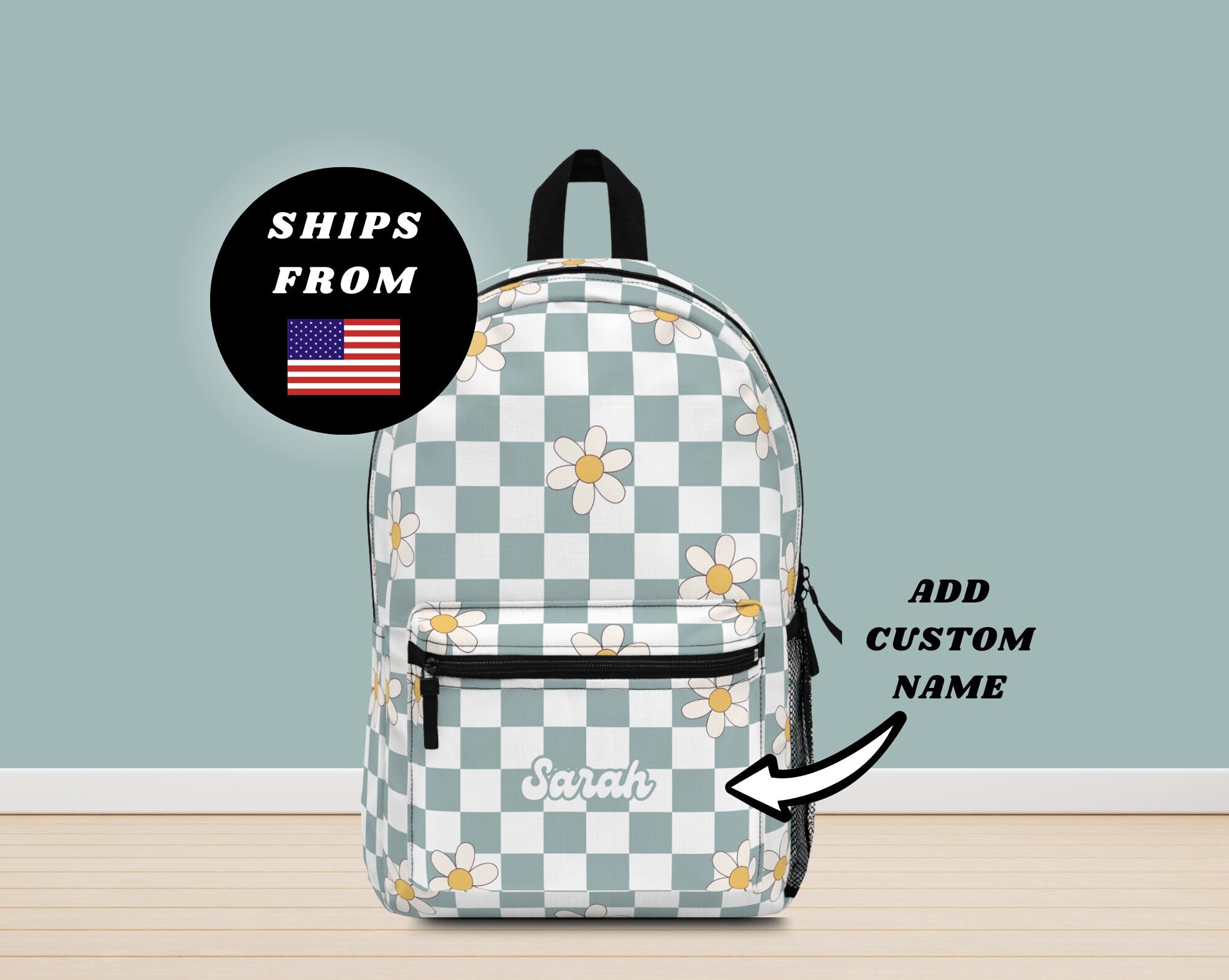 Custom Name Blue Daisy Floral Checkered Backpack Retro 