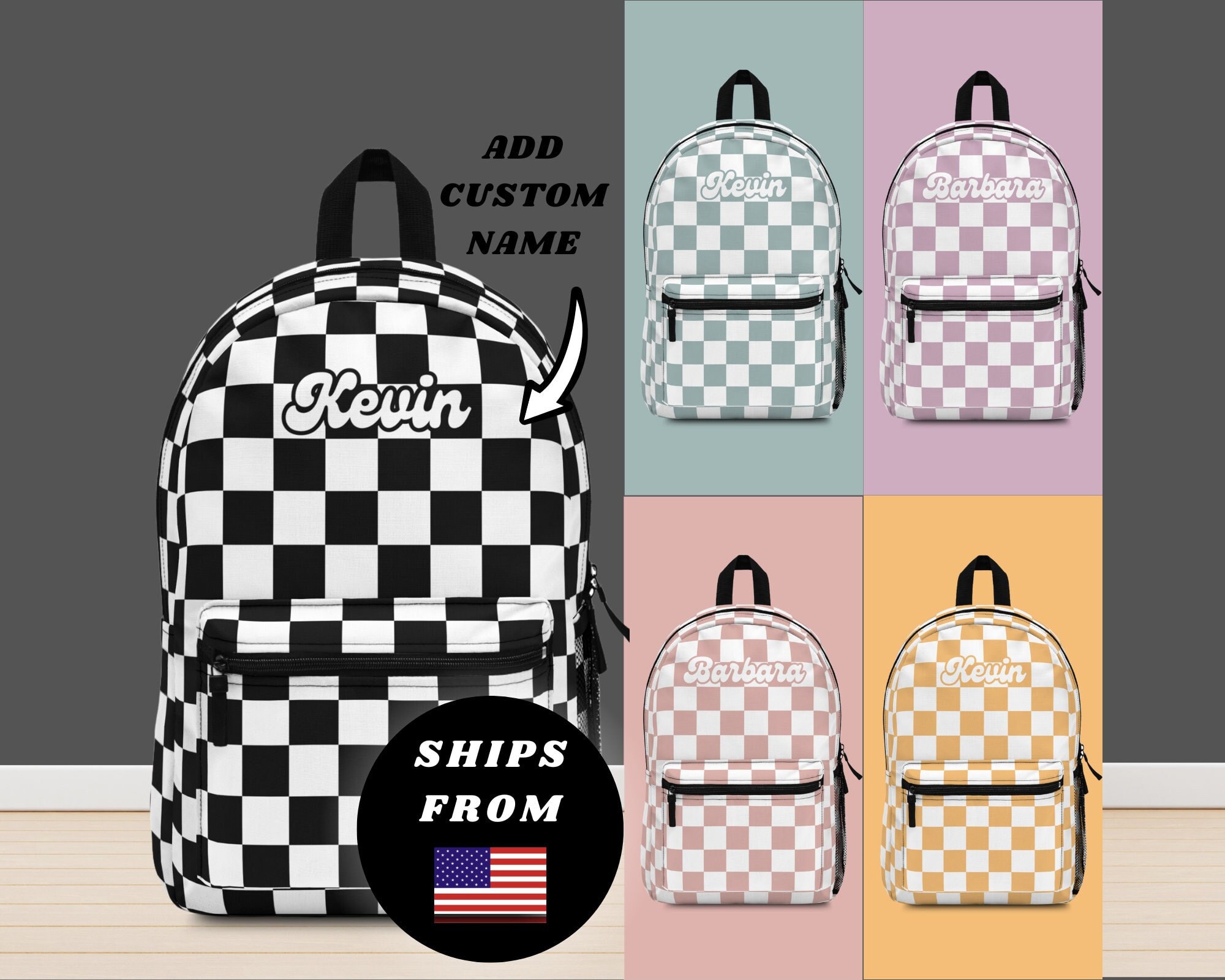 Checkered & Letter Graphic Functional Backpack