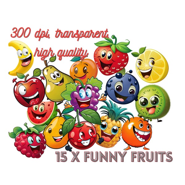 Clipart, Funny Fruits, Happy Fruits, PNG, Transparent Background, High Quality, Commercial Use, 300 dpi, 4096 Pixel Per Fruit