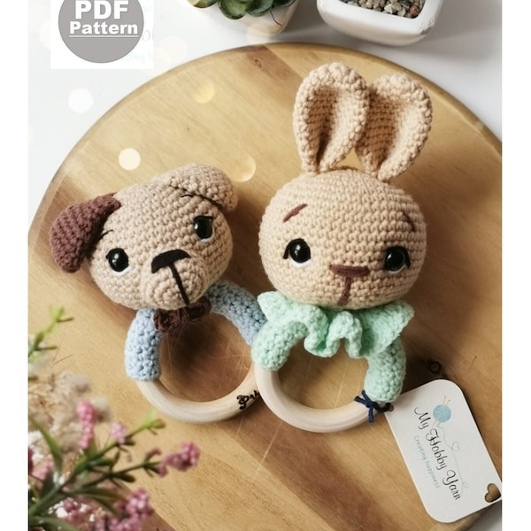 2 in 1 PDF Bunny and Dog Rattle Pattern, Crochet Rattle, Amigurumi Pattern, Crochet Animal Pattern, Teether Rattle, Bunny and Dog Pattern