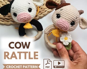 Highland cow rattle crochet pattern | Baby rattle pattern | Amigurumi cow | Crochet baby toy | Farm animal | Beginner friendly
