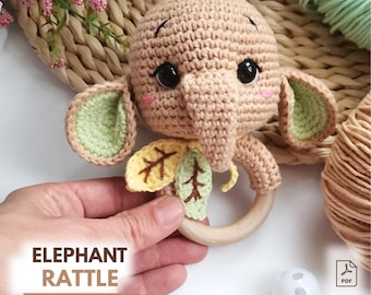 Patrón de sonajero de elefante a crochet / Amigurumi de elefante bebé en PDF / Patrón de sonajero de bebé a crochet / Juguete infantil de safari
