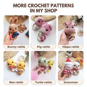 crochet bunny rattle toy, pig rattle pattern crochet, snowman crochet baby toy, Crochet bee toy pattern