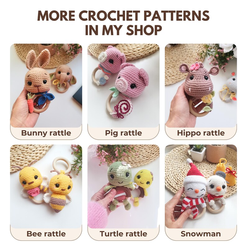 crochet bunny rattle toy, pig rattle pattern crochet, snowman crochet baby toy, Crochet bee toy pattern
