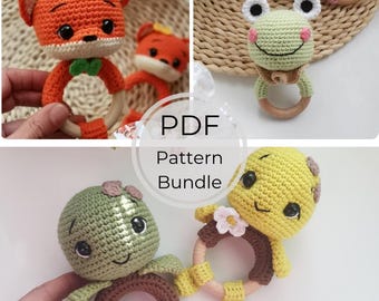 Zestaw grzechotek 3 w 1: żółw, lis i żaba | Stwórz własny prezent na baby shower | Wzór na zwierzątko amigurumi | Wzór na szydełkową zabawkę