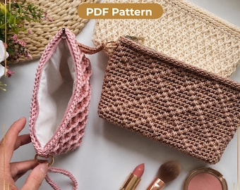 Crochet makeup bag pattern | Crochet zipper pouch | Cosmetic pouch pattern | Cord purse pattern in 3 Sizes | Wristlet included