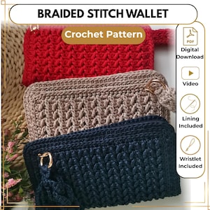Braided stitch crochet wallet pattern | Card holder clutch tutorial | Coin purse PDF pattern | Wristlet included