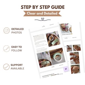 May include: A step-by-step guide document featuring clear and detailed instructions for crafting a crochet bunny rattle. The document includes photographic illustrations of the assembly process, showing wooden rings, yarn, and finished crochet heads.