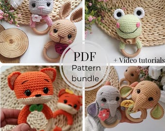 Crochet baby rattle pattern bundle | 4 Amigurumi rattle patterns | Fox, frog, elephant & bunny crochet patterns