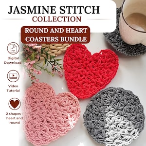 May include: A collection of crocheted coasters featuring the Jasmine stitch in heart and round shapes. The set includes a bright red heart, a light pink heart, and two round coasters in dark grey and black tones. Text reads JASMINE STITCH COLLECTION.