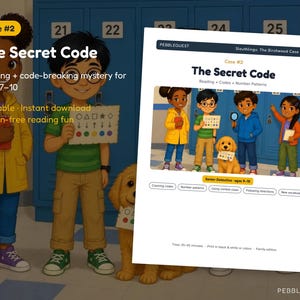 May include: A printable activity sheet titled Case #2 The Secret Code, featuring an illustration of four children and a golden retriever standing in front of blue lockers. The sheet includes text about reading, codes, and number patterns for ages 7-10.