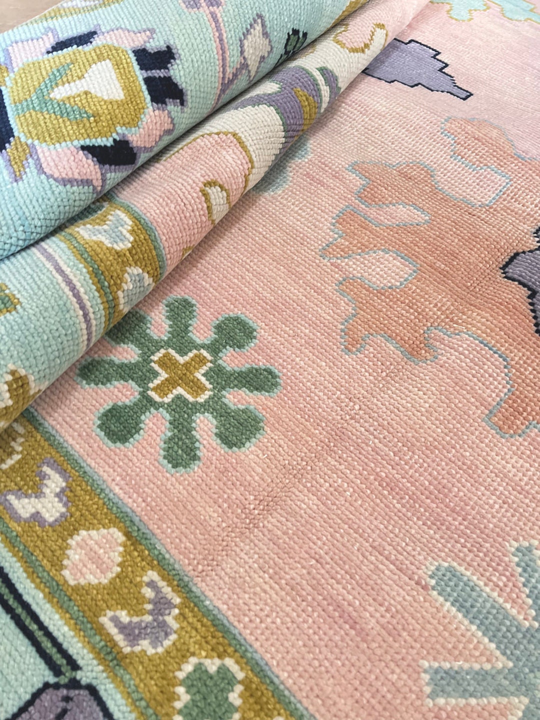 Oushak Pink Green Color Turkishoushak Area Rug 8x10, Handmade Wool Rug