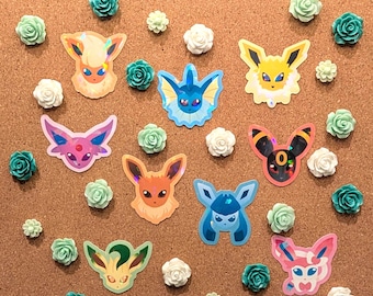 Eeveelutions-stickerset: Eevee, Flareon, Vaporeon, Jolteon, Espeon, Umbreon, Leafeon, Glaceon, Sylveon