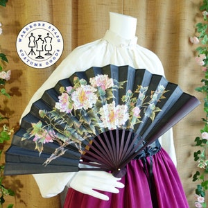 Black Peony Chinese Fan Silk Paper Folding Hand Fan Flower Silk Folding Fan Peony Pink Rose Fan Painting, Size Large