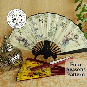 Four Seasons Silk Fan Folding Chinese Silk Hand Fan Calligraphy Iris Bamboo Chrysanthemum Cherry Blossom Sakura Gift for Woman, Size Large
