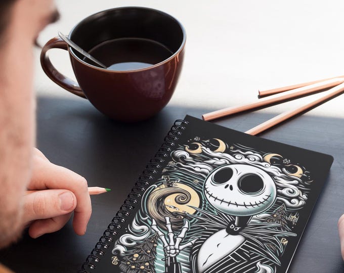 Featured listing image: Jack Skellington Spiral Notebook, spiral notebook ,notebook, Journal, writer gift, gratitude journal, daily journal, Sally black Notebook.