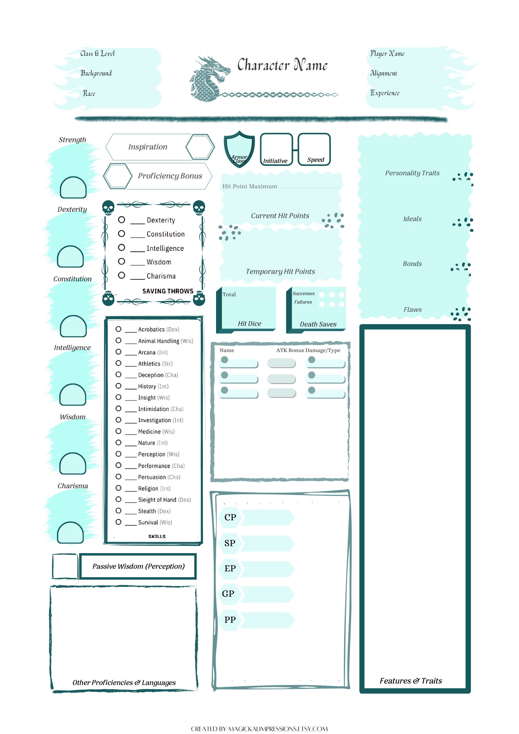 Ultimate D&amp;D Character Sheets Bundle Printable RPG Templates Teal ...