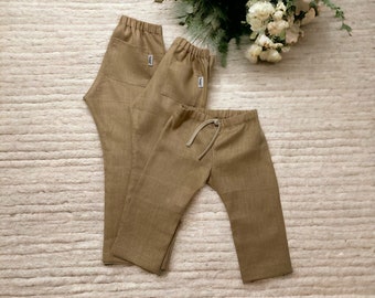 Casual Slim Fit Trousers  in caramel linen for boys, sizes 6-12mths, 2-3yrs and 3-4yrs available