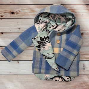 May include: A blue and white checked hooded jacket with a dinosaur print lining. The jacket has a button fastening and a hood.