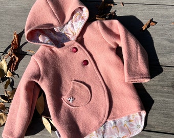 Pink hooded coat made from repurposed  Australian woollen blanket, lined with Australiana cotton print- Size 4