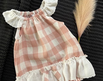 Beautiful Gypsy Style Baby Romper in Pink Gingham Linen with Flutter Sleeves