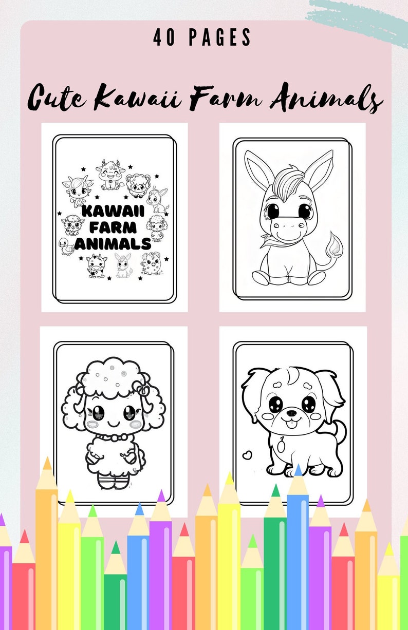 Cute Kawaii Coloring Pages 40 Pages Farm Animals for - Etsy