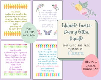 May include: Editable Easter bunny letter bundle with four different designs. Each letter features a cute bunny illustration, colorful Easter eggs, and a personalized message. The letters are designed to be edited using Canva.