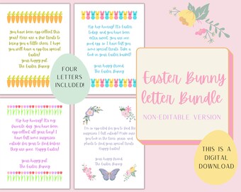 May include: A digital download bundle of four printable Easter bunny letters. Each letter features a different Easter-themed design with carrots, flowers, butterflies, and Peeps. The letters include messages from the Easter bunny.