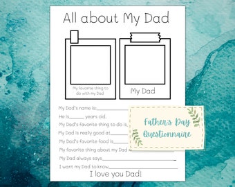 Puede incluir: Un cuestionario imprimible para el Día del Padre con una ilustración en blanco y negro de dos marcos de fotos. El texto "All about My Dad" está en la parte superior de la página. El texto "Father's Day Questionnaire" está en un cuadro con un diseño floral verde.