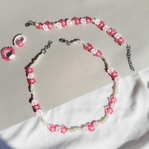 Pink Daisy Flowers Chain Necklace, Bracelet, Ring Seed Beads Glass Choker