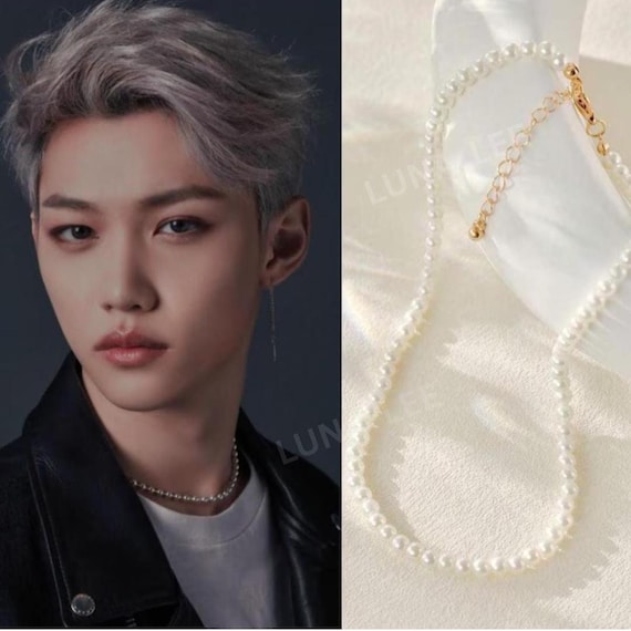 Stray Kids Felix Inspired White Round Beaded Gold Chain Pearly