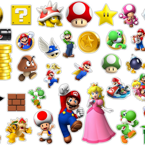 Instant Download Super Mario Cupcake Topper, Super Mario Clipart en PNG, alleen digitaal bestand