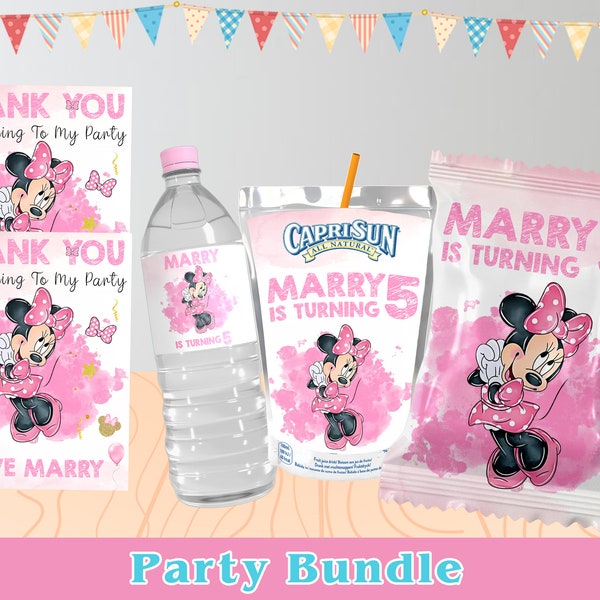 Printable Minnie Mouse Party Set, Cuprisun, Chip Bags, Thank You Tag and Water Bottle