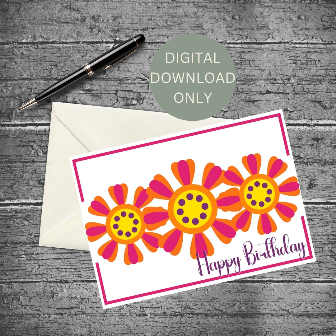 Digital Download Hippy Flower Birthday Card Retro Themed Birthday Card ...