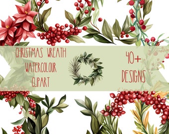 BUNDLE 40 + Watercolor Christmas Wreaths - More than 40 designs included - Cardmaking and Scrapbooking - Digital Download Instantly