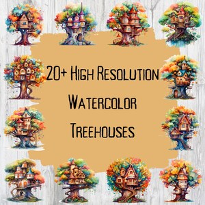Puede incluir: Una colección de más de 20 ilustraciones de acuarela de alta resolución de casas en los árboles de ensueño. Cada casa en el árbol es única y presenta detalles intrincados, colores vibrantes y una atmósfera mágica.