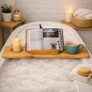 Solid Wood Bath Tray, Rustic Farmhouse Caddy for Spa Night, Books, Wine