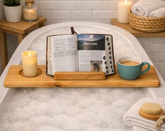 Solid Wood Bath Tray, Rustic Farmhouse Caddy for Spa Night, Books, Wine