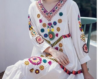 Florentina Off White Linen Knee Length Summer Dress with Multi Color Floral Embroidery