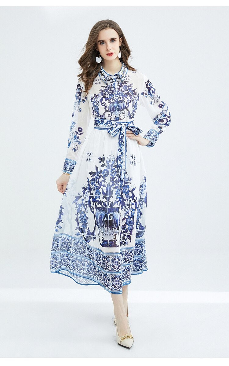 Porcelain Print Dress Cute Italian Dress Blue White Dress Etsy Australia
