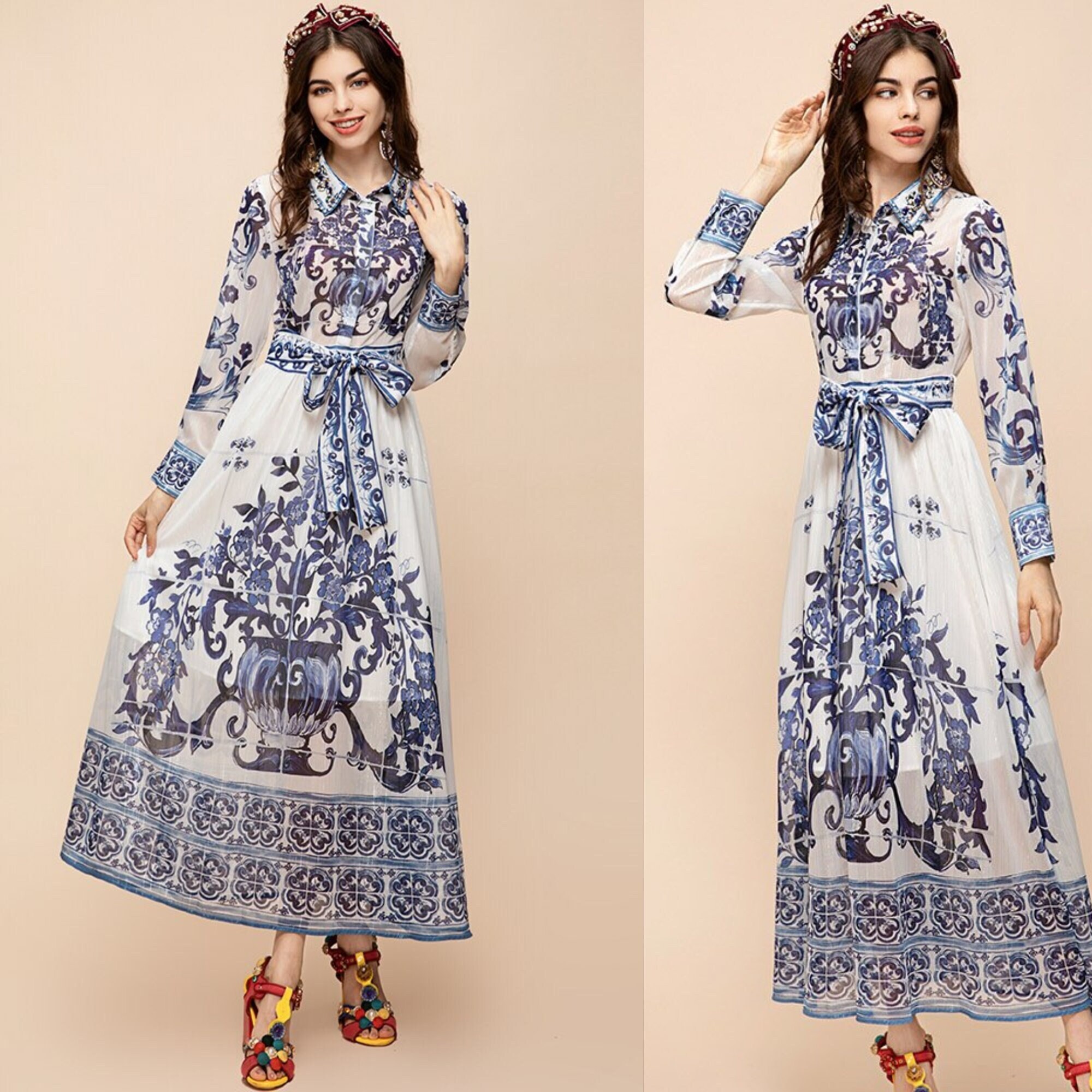 Porcelain Print Dress Cute Italian Dress Blue White Dress Etsy Australia