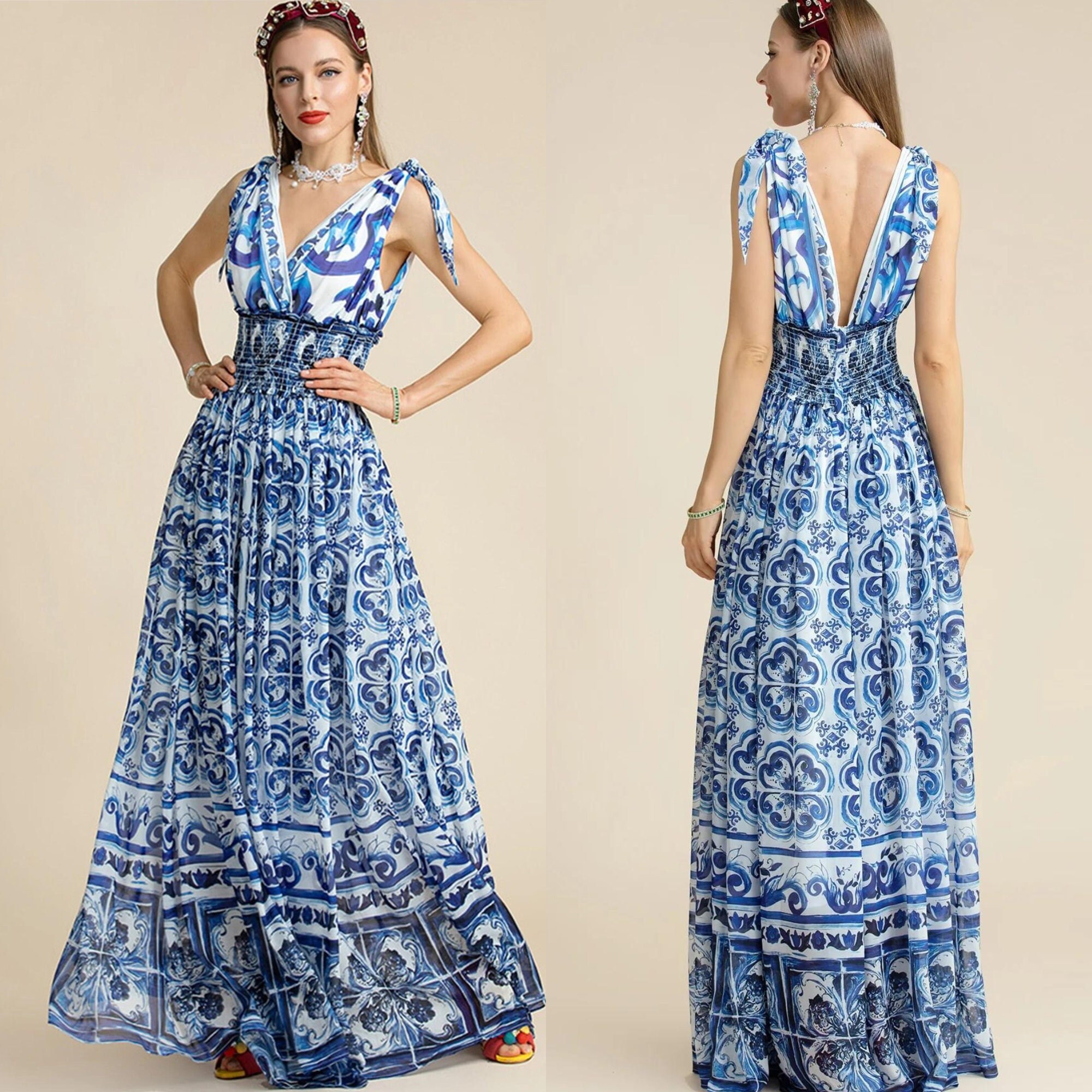 Cute Porcelain Print Dress Blue White Dress Tile Print Etsy