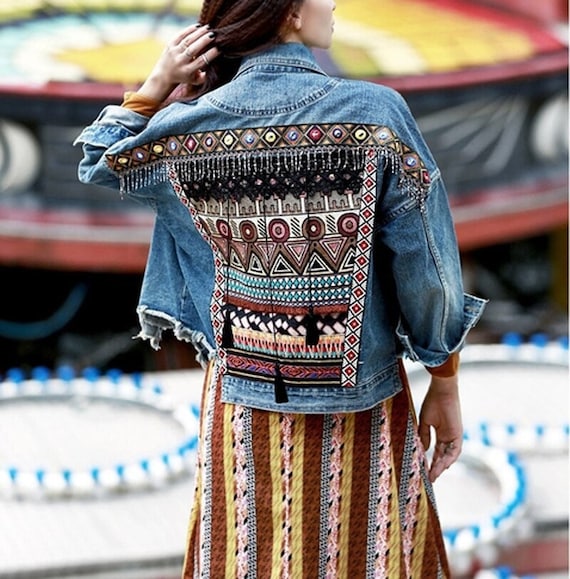 Bohemian Floral Embellished Denim Jacket Women Autumn & Winter