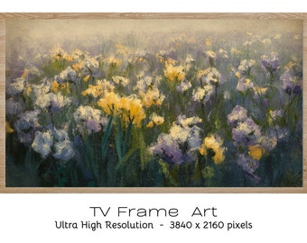 Vintage Floral Landscape Canvas Print, Antique Style TV Art, Yellow and Purple Flowers Painting, Rustic Home Decor, Samsung TV Frame Art