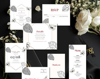 Zwart-wit botanische bruiloft bundel, aanpasbare bruiloft uitnodiging sjabloon set, elegante bruiloft bundel, bewerkbare digitale bestanden