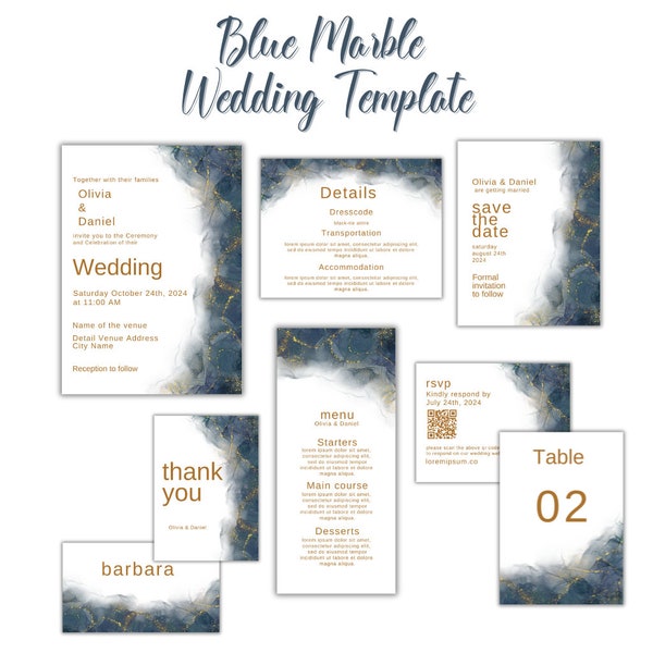 Blue Marble Wedding Bundle, Customizable Wedding Invitation Template Set, Elegant Wedding Bundle, Editable Digital Files, Invitation Suite