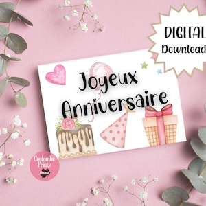 Joyeux anniversaire, printable French birthday card, bonne fete, instant digital download, 5X7 foldable card, blank interior