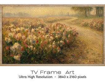 Impressionist Floral Landscape Canvas, Vintage Flower Field TV Art, Rustic Pathway Decor, Artistic Countryside Home, Samsung TV Frame Art