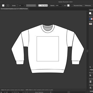 Può includere: Un modello di felpa bianca con un'area di design quadrata sul davanti, su sfondo grigio scuro. L'indumento a maniche lunghe ha uno scollo tondo ed è reso in uno stile grafico vettoriale, adatto alla progettazione di abbigliamento.